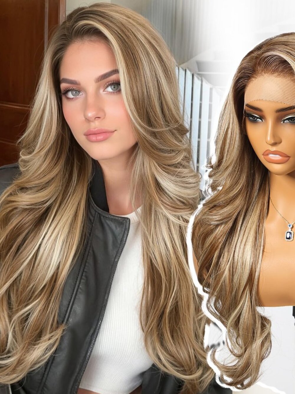 New KOME Ash Blonde Highlight Synthetic Lace Front Wig, 13x4 HD Lace Layered